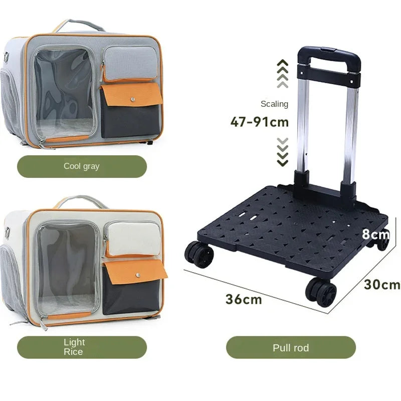 Pet carrier with orange accents and a black rolling platform with measurements on a white background