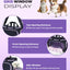 Pet carrier with top, front, and side opening features on a purple background