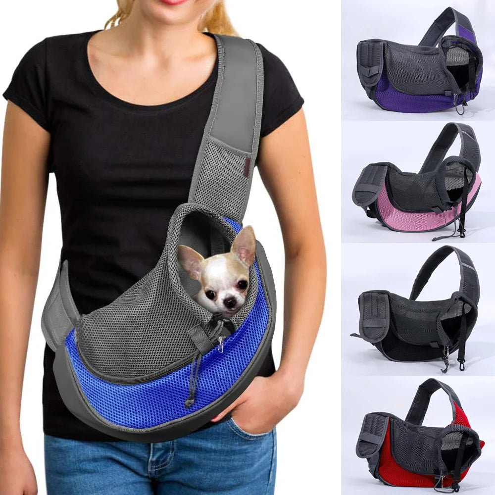 Pet carrier worn by a person with a small dog inside, shown in multiple color options.
