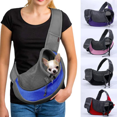 Pet carrier worn by a person with a small dog inside, shown in multiple color options.