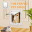 Pet door with a cat peeking through, text 'The Perfect Pet Door' above, on a beige wall.