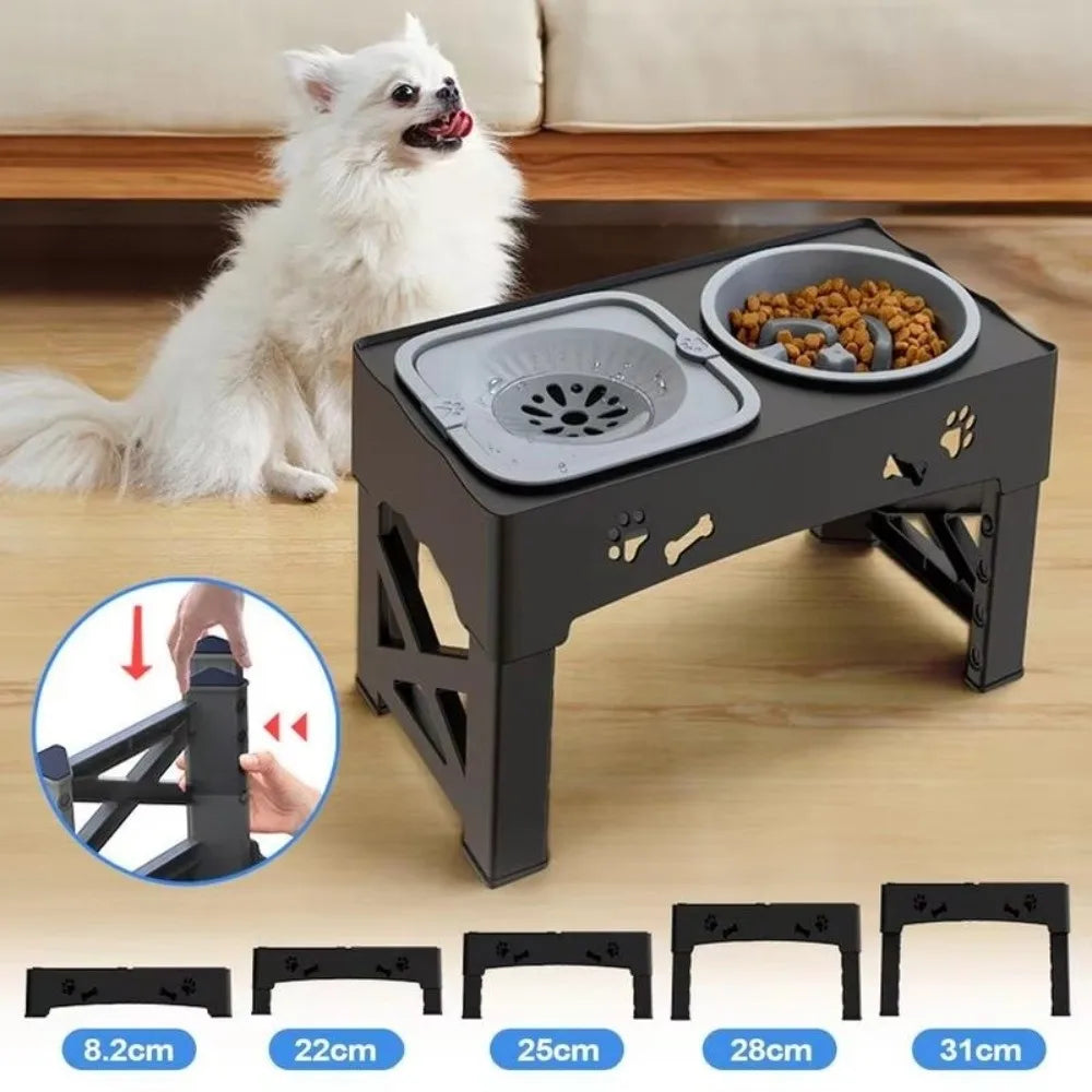 Pet feeding station with two bowls on a wooden floor, featuring a small inset showing the height adjustment mechanism.