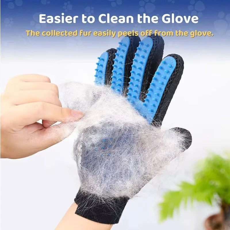 Pet grooming glove with blue bristles removing fur from a hand against a white background