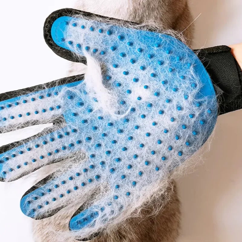 Pet grooming glove with blue rubber dots covered in pet hair on a white background