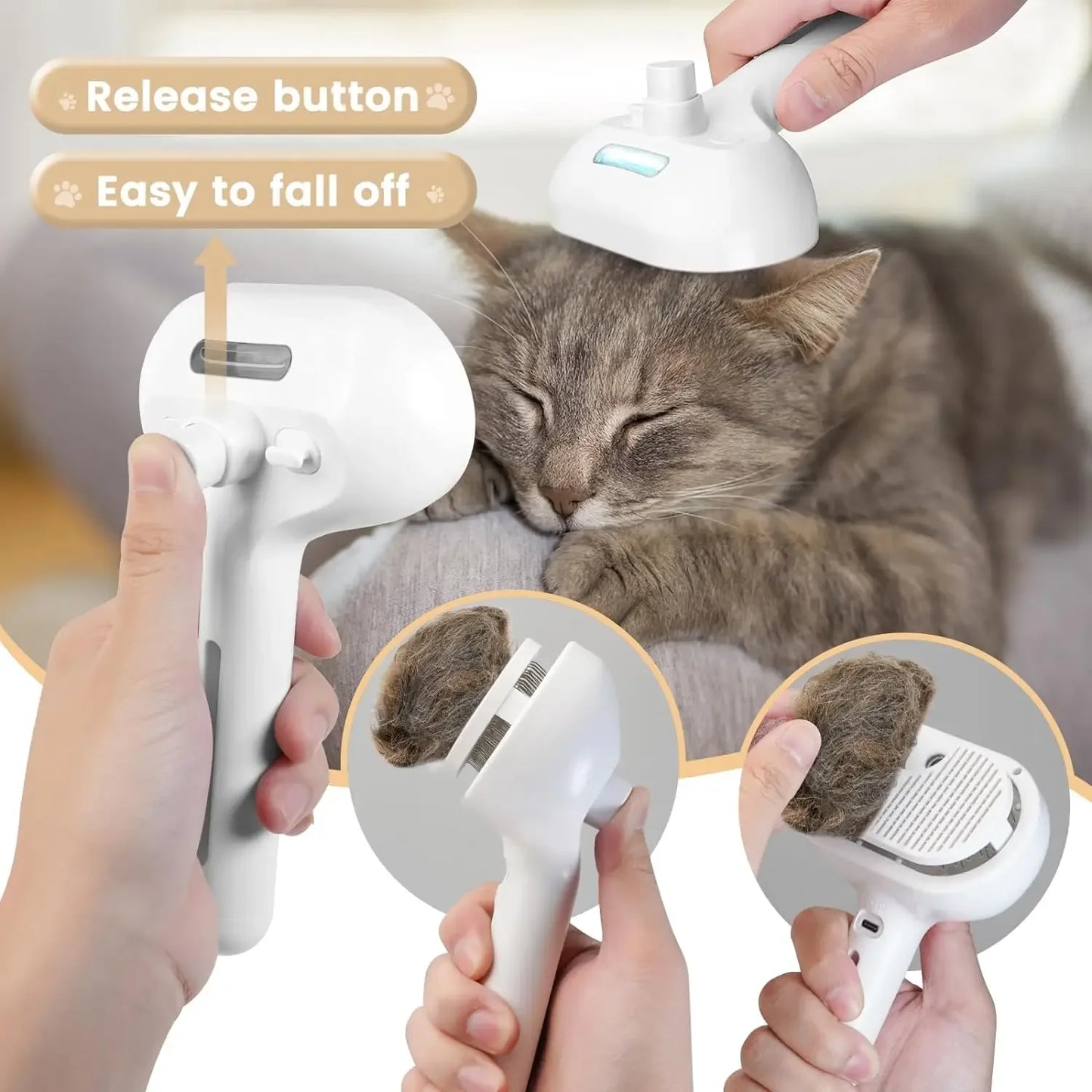 Pet grooming tool with a cat receiving grooming, showing fur removal.