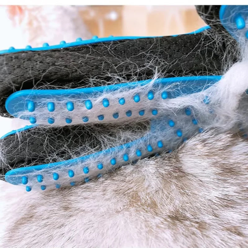Pet grooming tool with blue bristles removing fur from a pet's coat