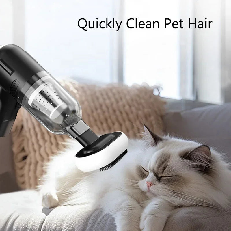 Pet hair removal tool being used on a cat on a couch with text 'Quickly Clean Pet Hair'.