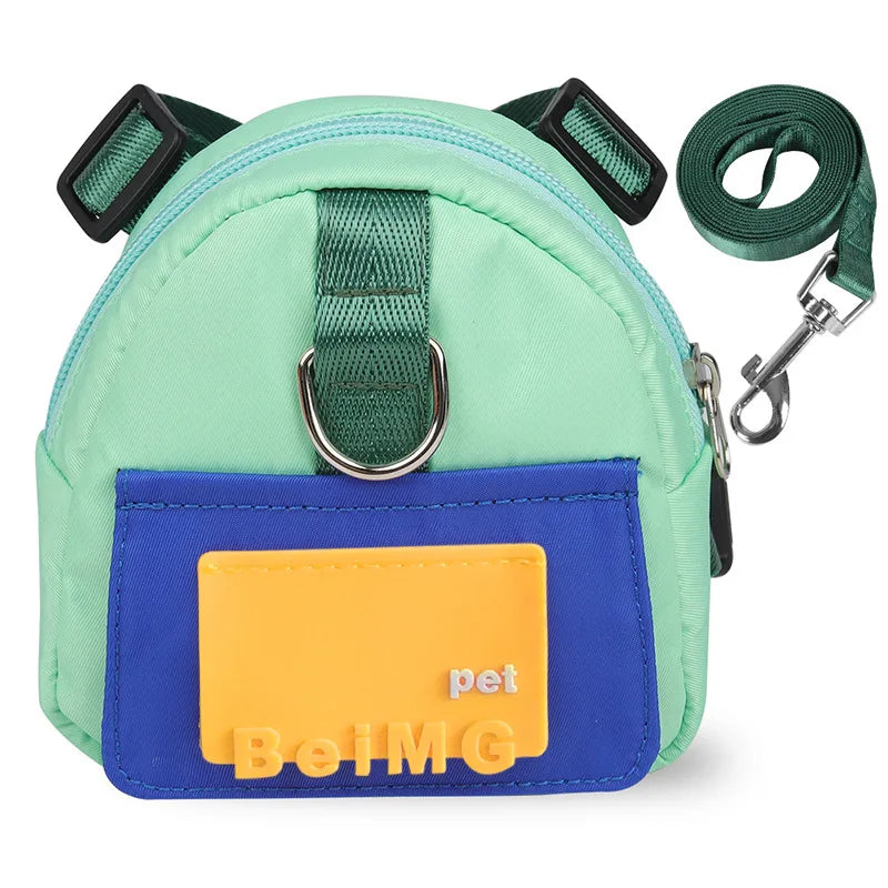 Pet leash and harness set with a blue pocket and yellow label on a white background