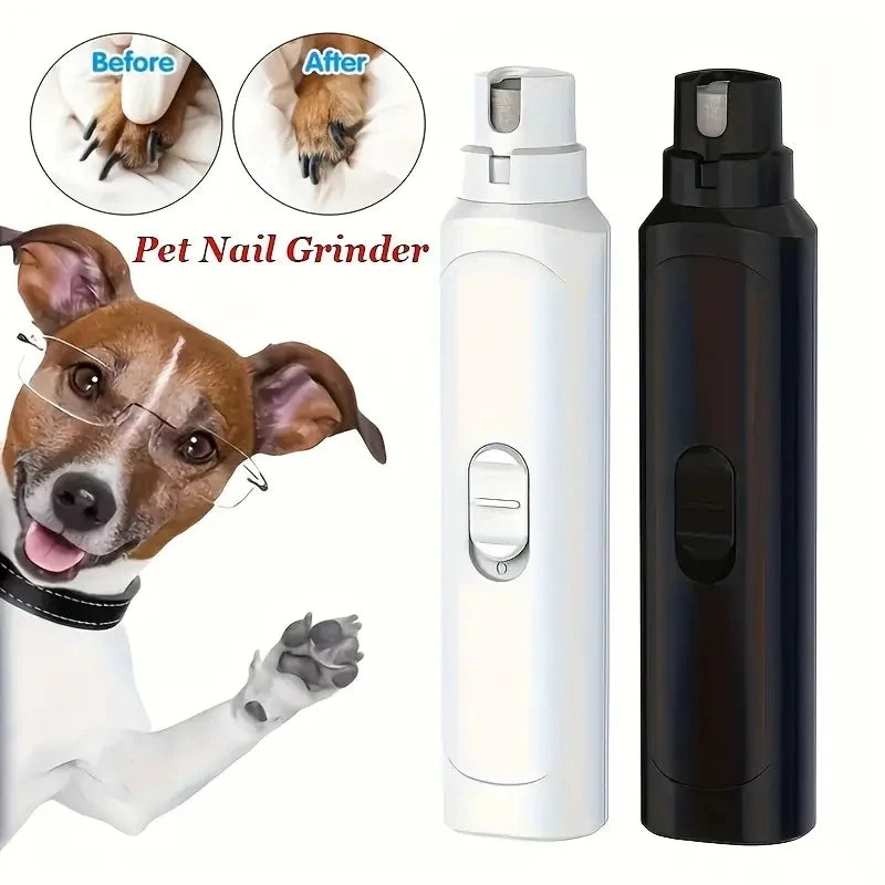 Pet nail grinder with before and after images of a dog's nails, white and black models shown.