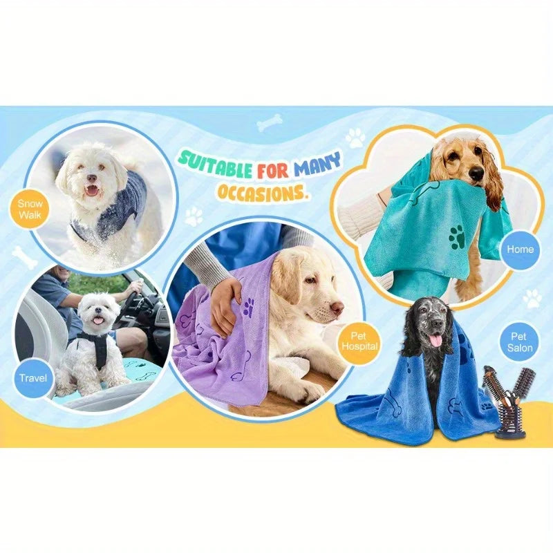 Pet towels with various uses and occasions on a blue and yellow background