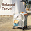 Pet travel carrier with a cat inside, set against a camping background with 'Relaxed Travel' text.