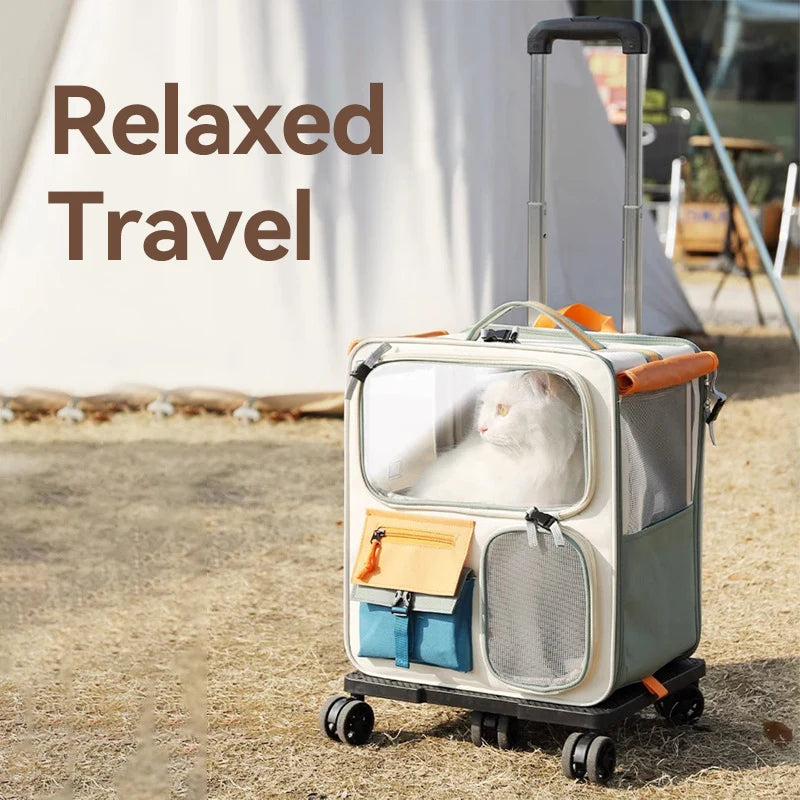 Pet travel carrier with a cat inside, set against a camping background with 'Relaxed Travel' text.
