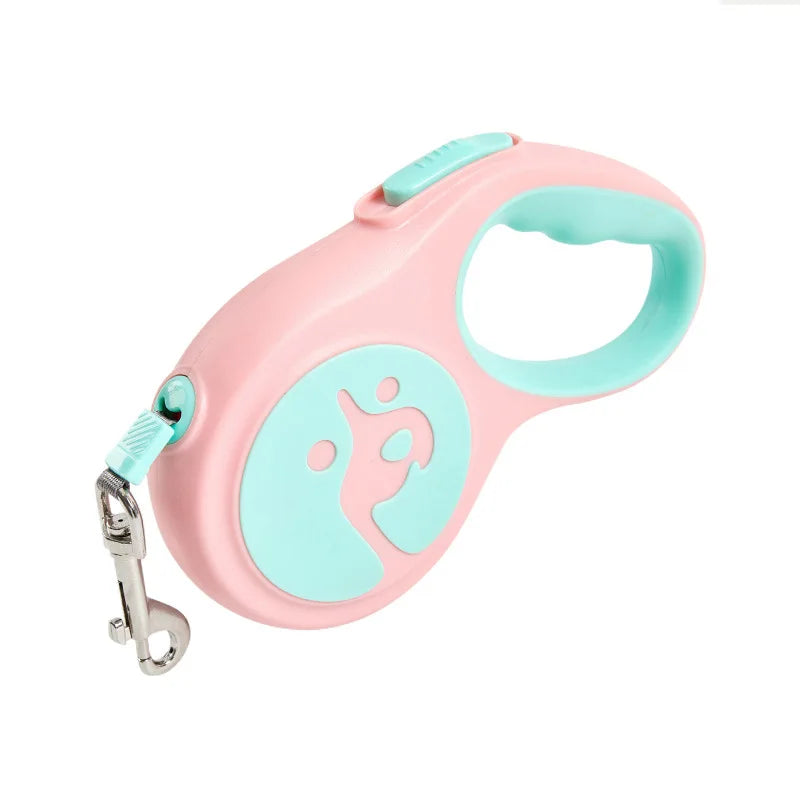 Pink and light blue retractable dog leash on a white background