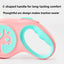 Pink and teal product with text about C-shaped handle and arc design on a white background