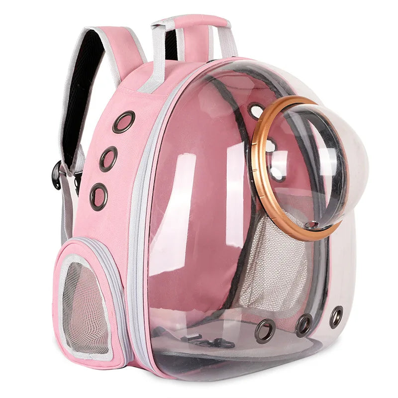 Pink pet backpack with clear front on a white background