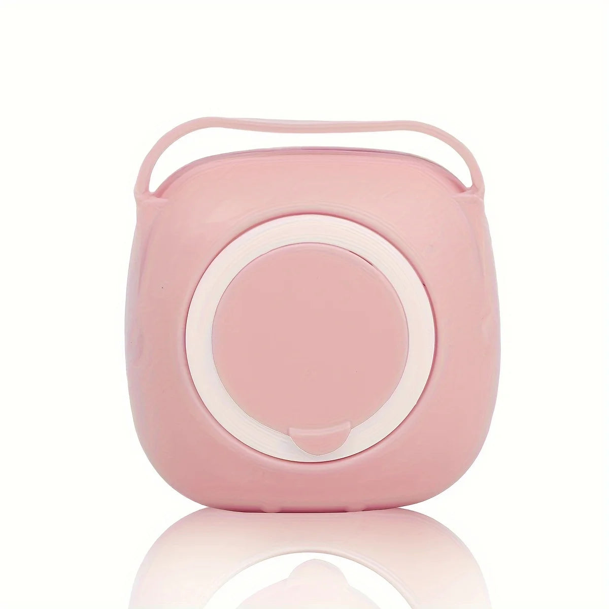 Pink square-shaped product with a circular design on a white background