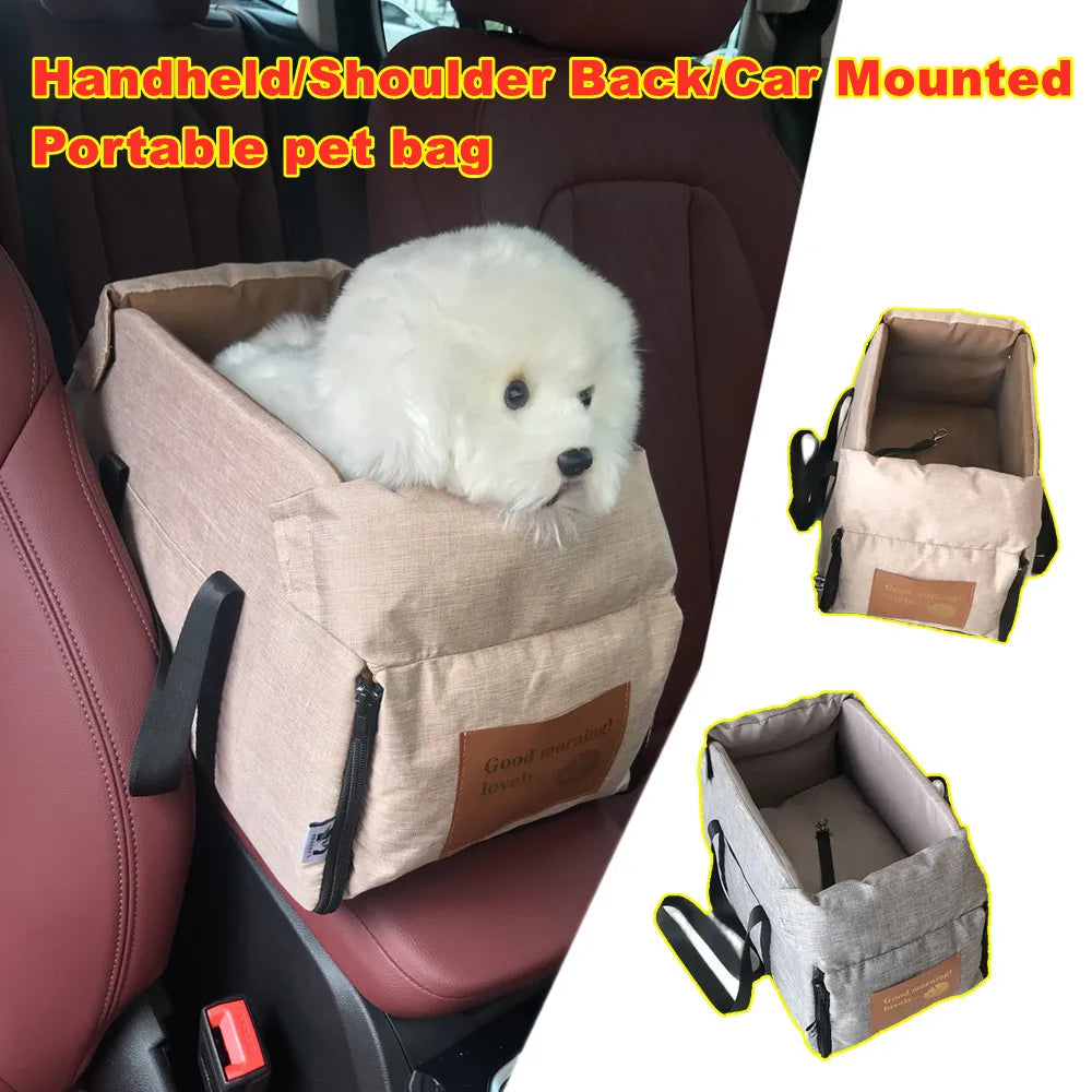 Portable pet bag for handheld, shoulder back, and car mounting with a white dog inside.
