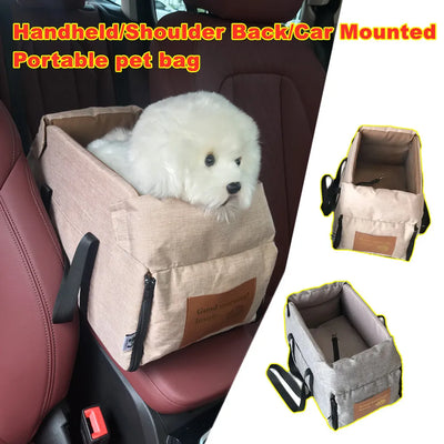 Portable pet bag for handheld, shoulder back, and car mounting with a white dog inside.