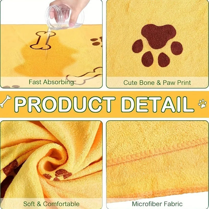 Product detail of a yellow towel with paw prints, bone design, and text highlighting features.