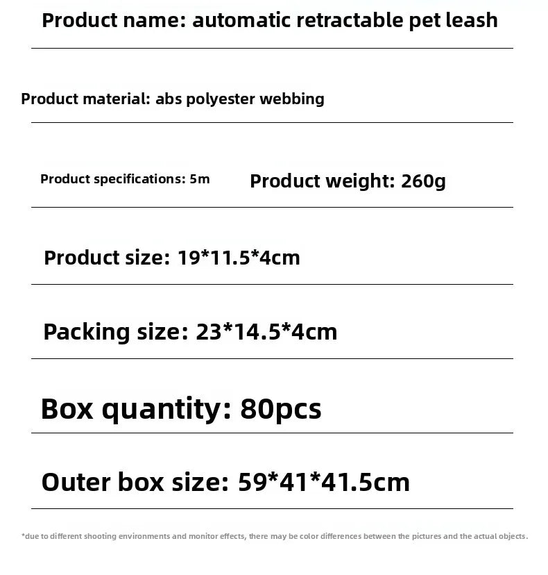 Product specifications for an automatic retractable pet leash on a white background