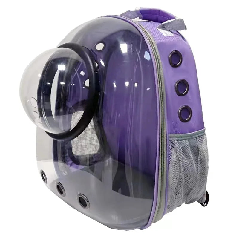 Purple pet backpack with clear front panel on a white background