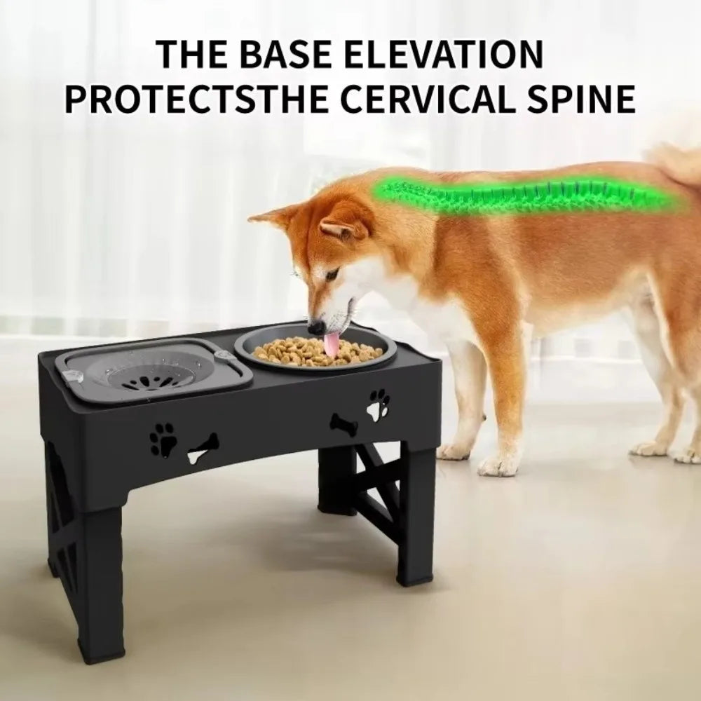 Dog eating from a raised pet feeder with text about base elevation benefits.