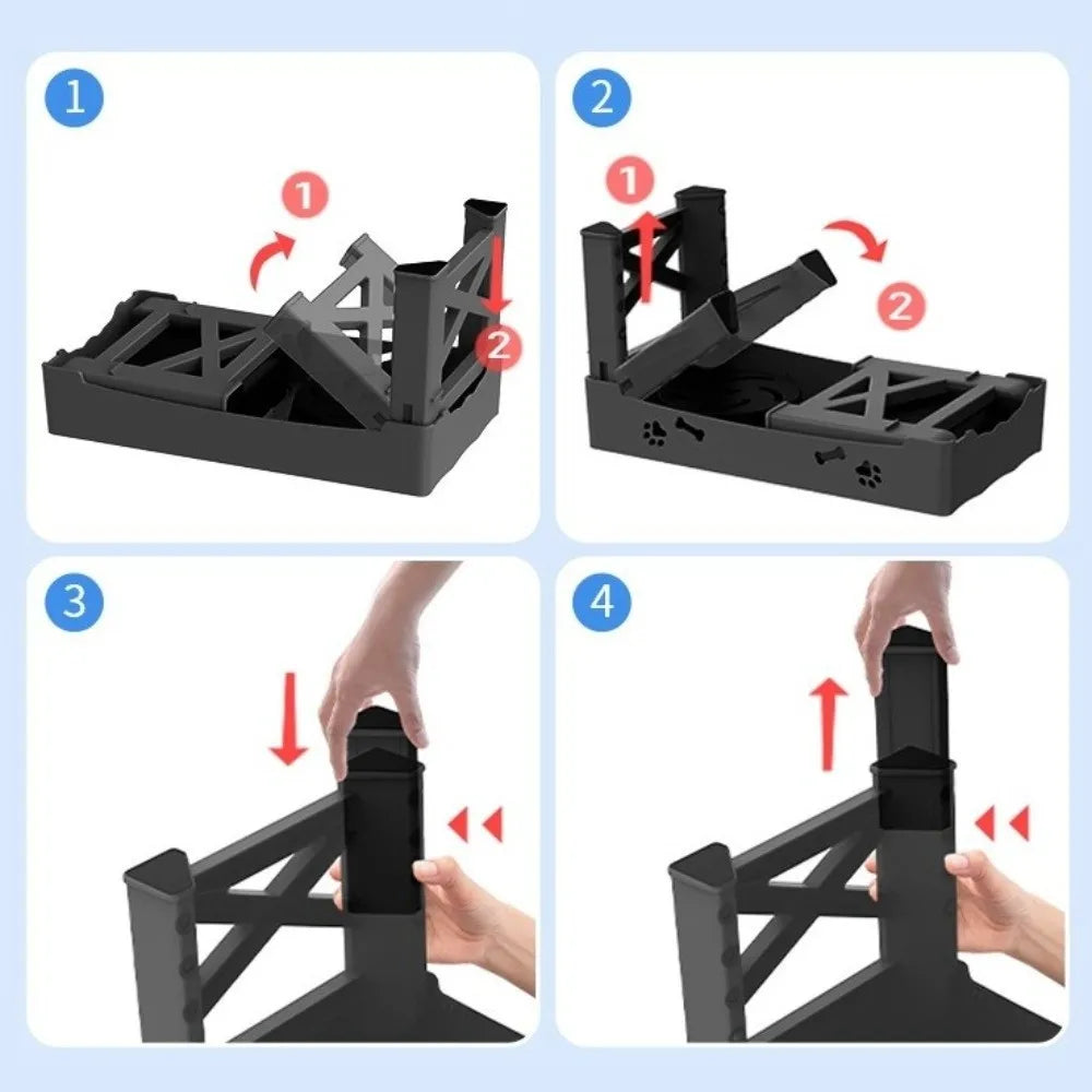 Step-by-step assembly instructions for a black metal stand or frame.