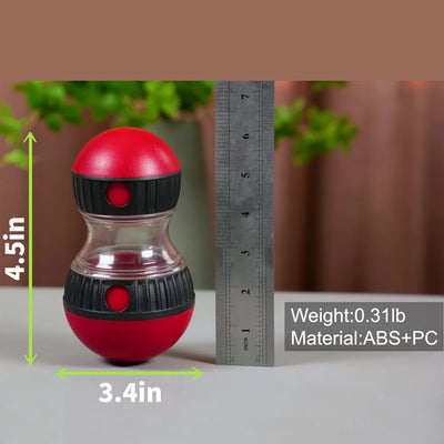 Red and black dumbbell-shaped object with measurements and material information on a neutral background