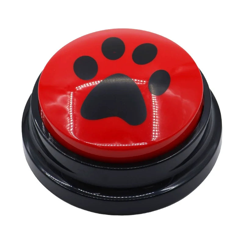 Red button with black paw print design on a white background