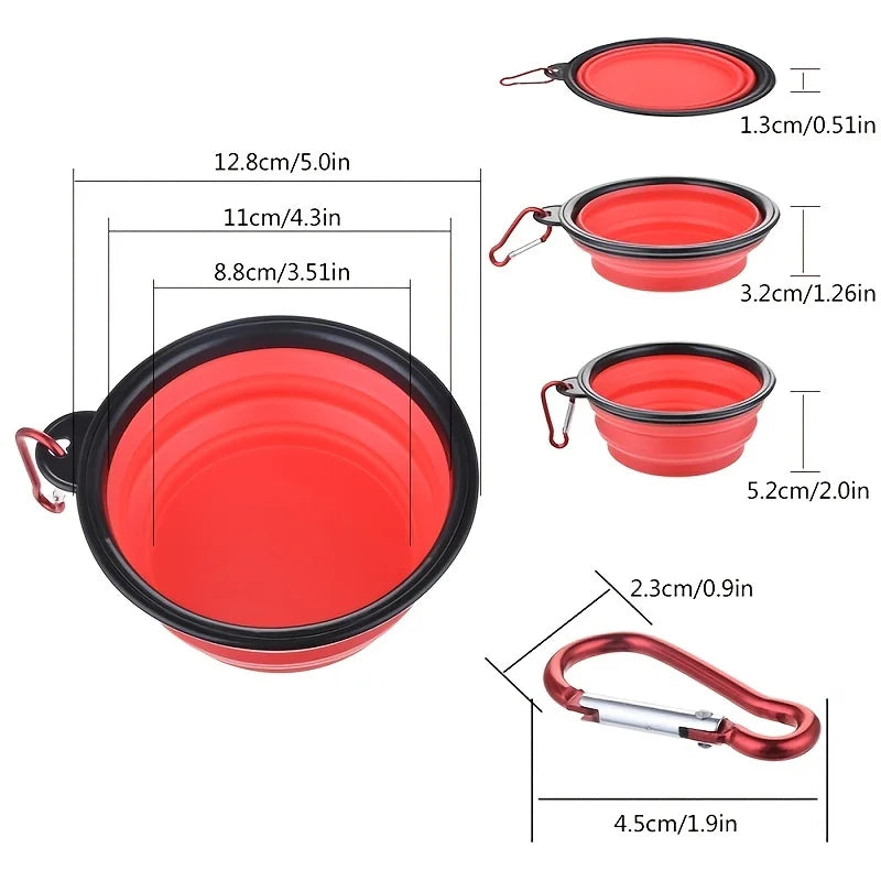 Red collapsible bowl with black rim and carabiner, shown with measurements on a white background.