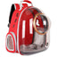 Red pet backpack with a clear front and gold accents on a white background