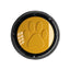 Round black object with a yellow paw print on a white background