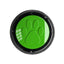 Round green button with a paw print design on a white background