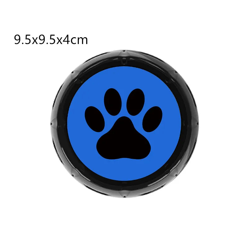 Round object with blue center and black paw print, dimensions 9.5x9.5x4cm, on a white background.