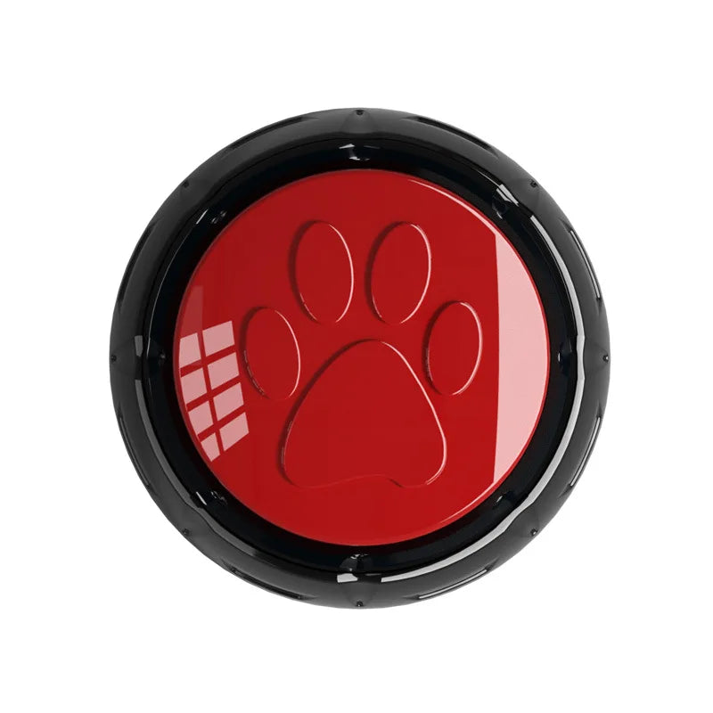 Round red button with a paw print design on a black border against a white background