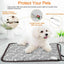 Dog lying on a heating pad with features highlighted, including chew resistance and power cable safety.