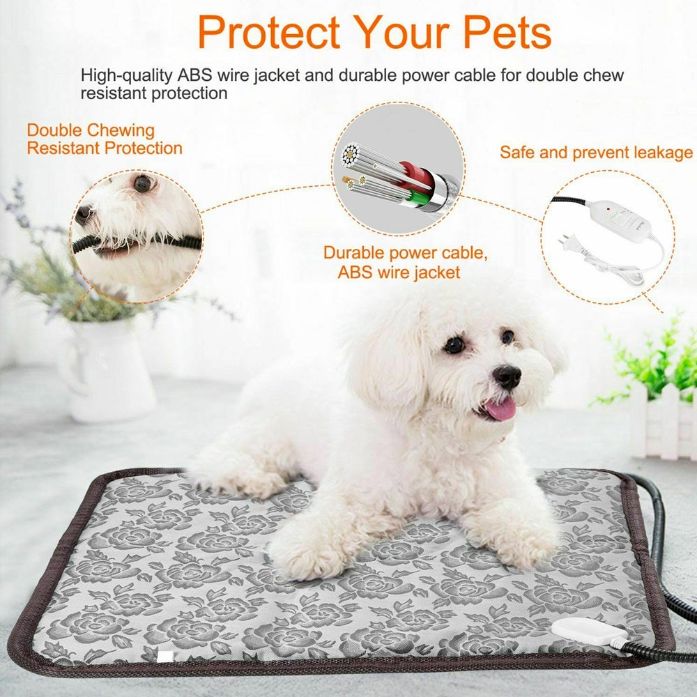 Dog lying on a heating pad with features highlighted, including chew resistance and power cable safety.