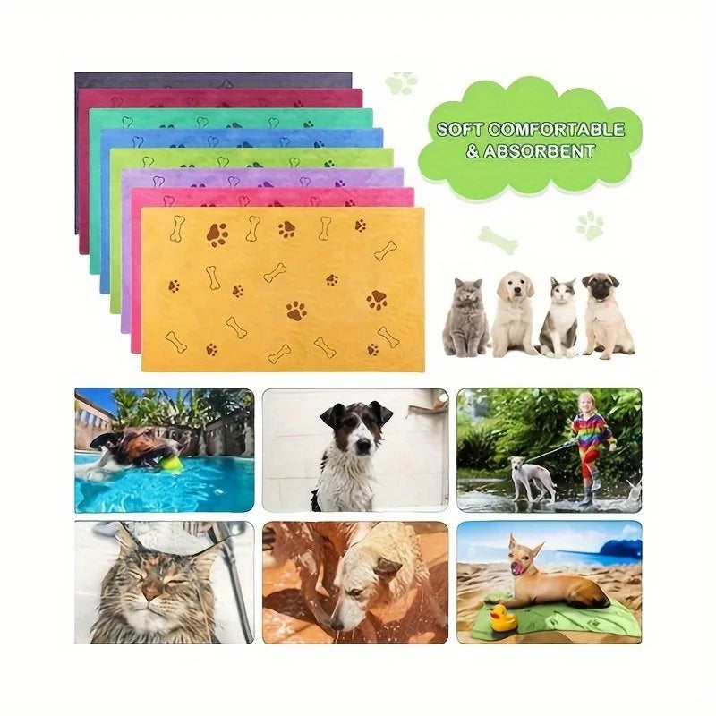 Set of colorful pet mats with images of pets and text 'Soft Comfortable & Absorbent' on a white background.