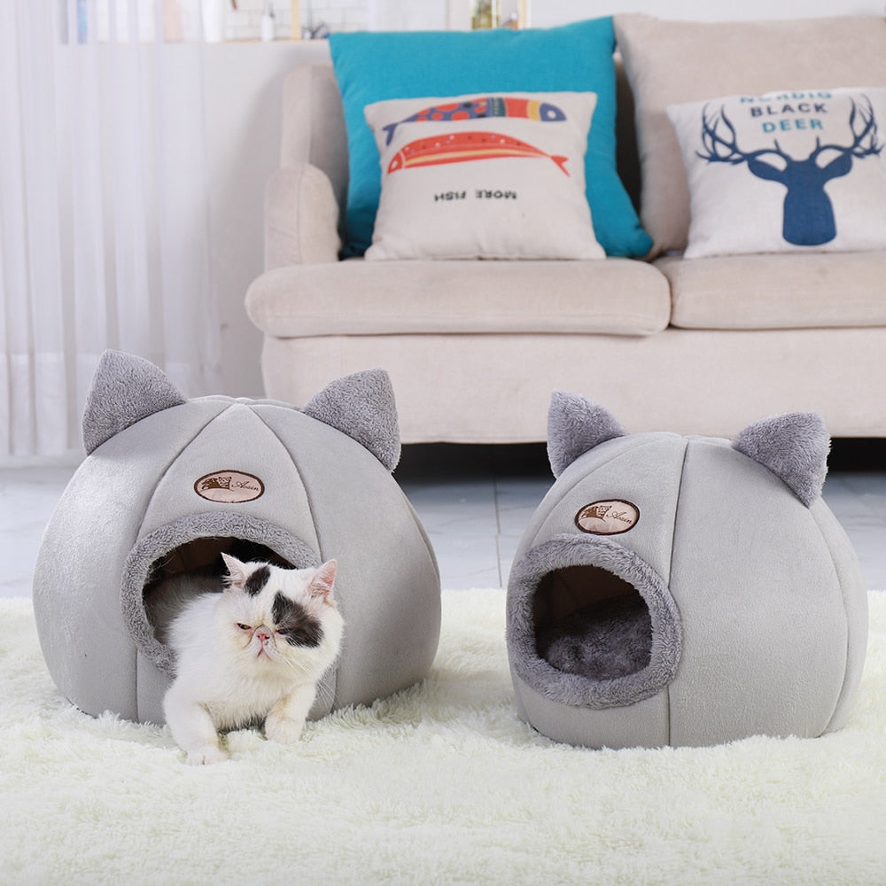 Two gray pet houses with cat ears on a white carpet, with a cat peeking out from one of them. Behind them is a beige sofa with colorful cushions.