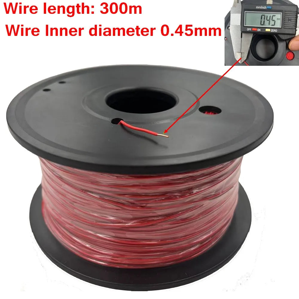Spool of red wire with a digital micrometer showing inner diameter measurement.