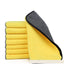 Stack of yellow microfiber cloths with a gray border on a white background