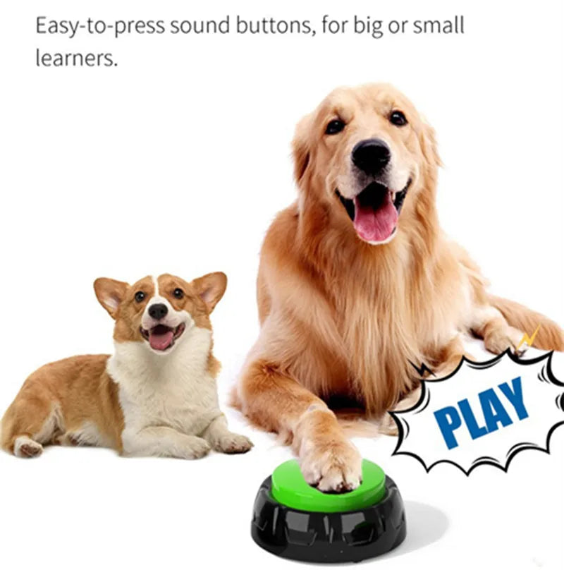 Two dogs with a green and black sound button labeled 'PLAY'.