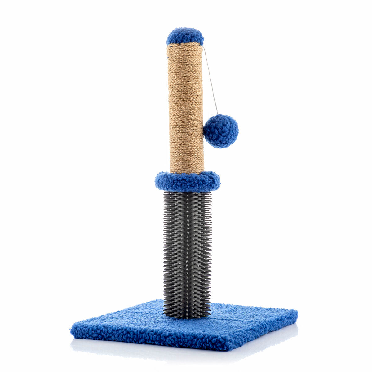 Cat toy with a scratching post, blue cushion, and balls on a white background