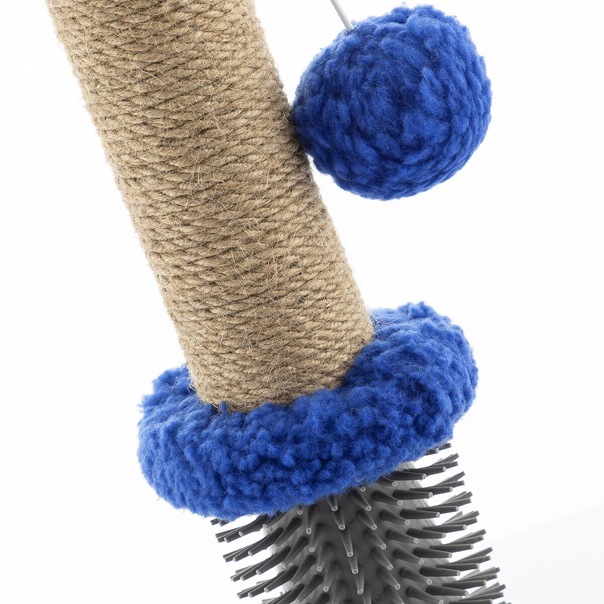Cat toy with blue spherical ends and a textured base on a white background