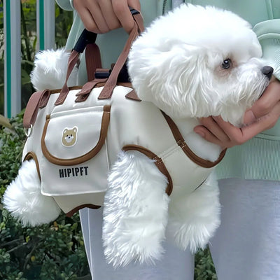 White fluffy dog wearing a backpack with a bear design and 'HIPIPFT' branding.
