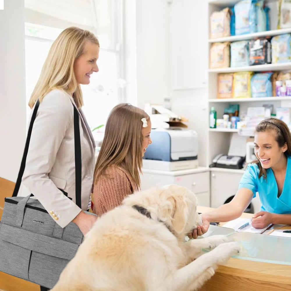 Woman with a dog at a veterinary clinic, interacting with a vet.