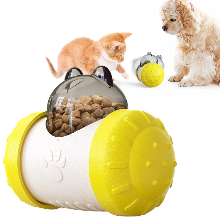 Transparent tank of the Swing Bear Food Leaker showing pet snacks and kibble ready for play.