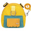 Yellow and teal pet bag with a leash on a white background