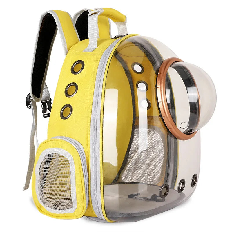 Yellow pet backpack with clear front on a white background