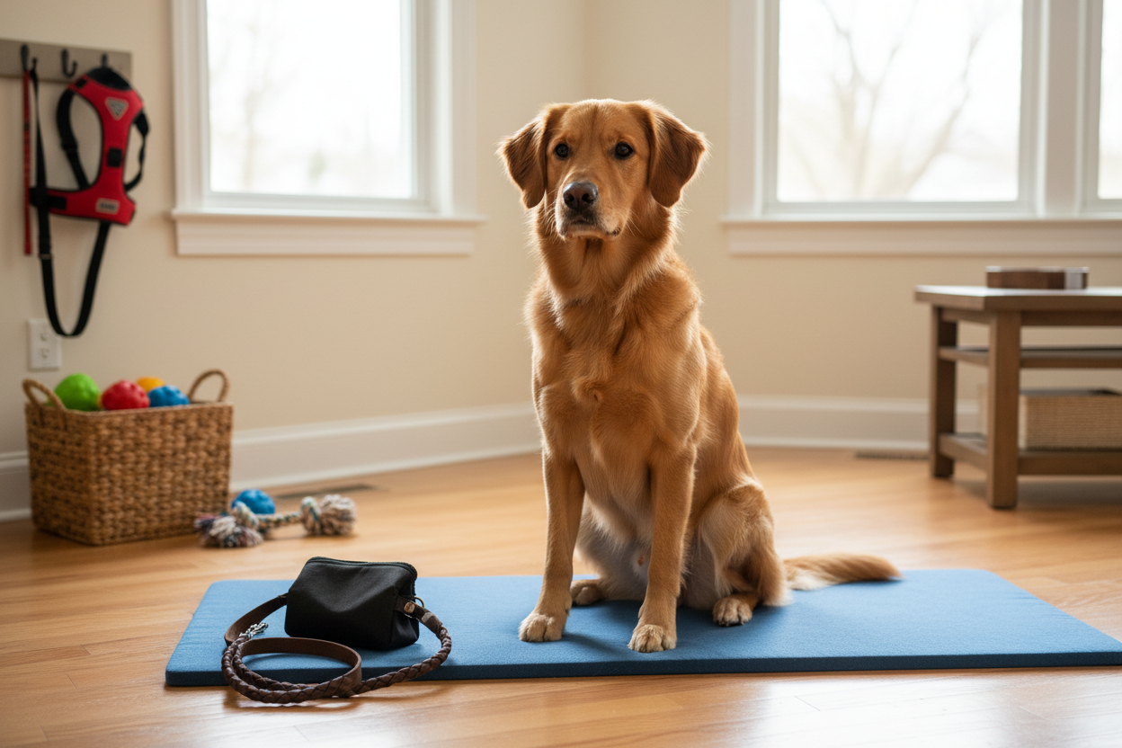 A well-behaved dog sitting attentively on a training mat with a leash and treat pouch nearby, inside a bright, clean home environment. Show a happy, focused medium-sized dog looking at its owner, with subtle training props like a no-pull harness and chew toys in the background. Warm, inviting lighting, realistic style, high resolution, suitable for a dog training blog post about hardest commands to train.